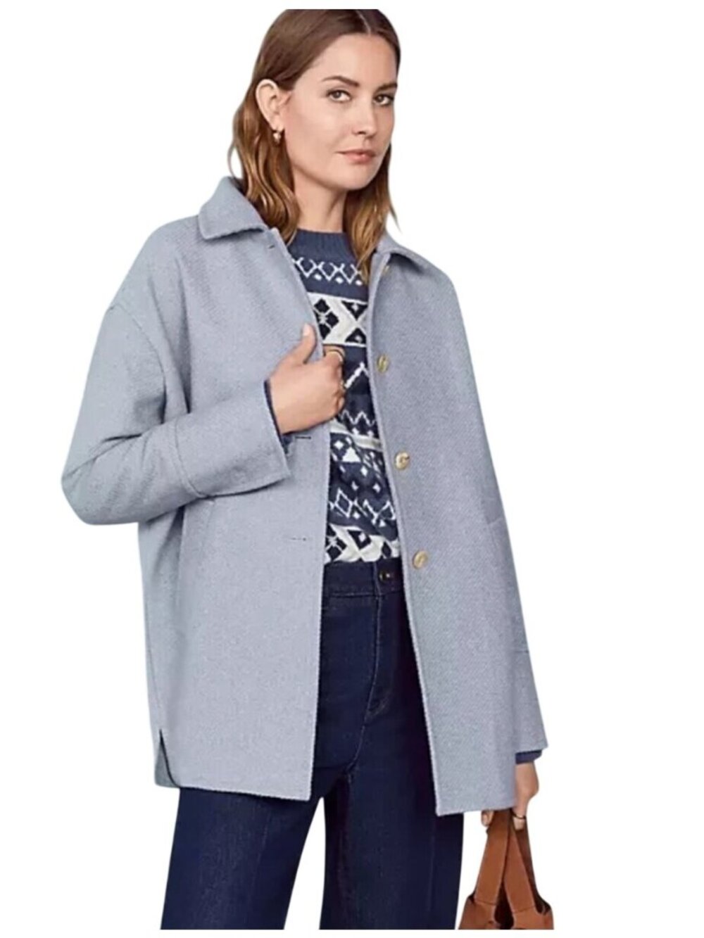 Ann Taylor Weekend Light Blue Button-Up Coat jacket Herringbone Texture